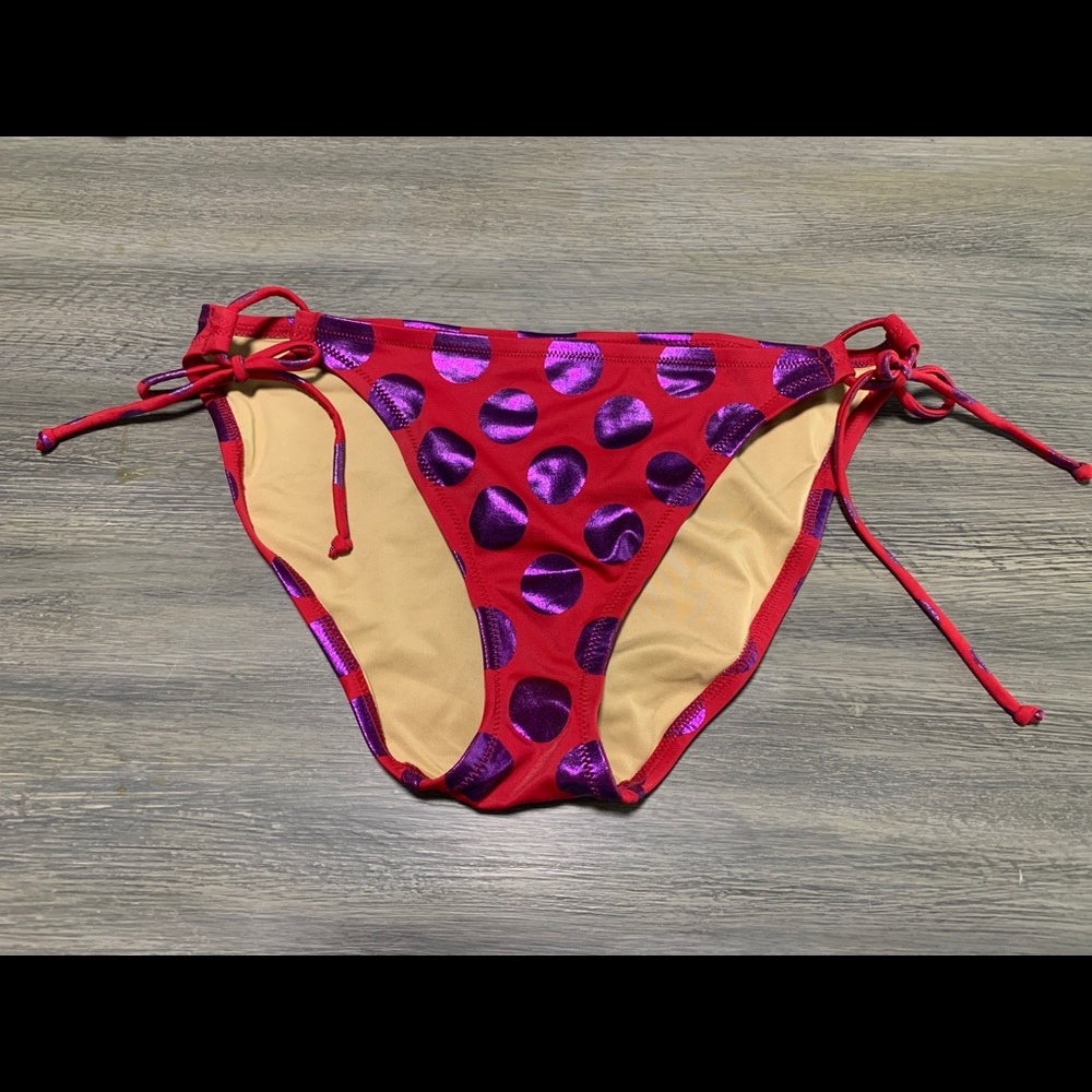 Victoria’s Secret Red w Purple Polka Dot String Bikini Bottom, Size Large